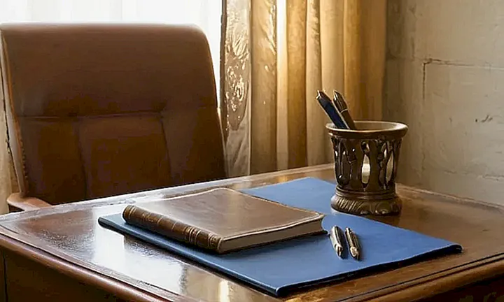 Una habitación tranquila con un escritorio antiguo y una fotografía enmarcada de un oficial del siglo XX