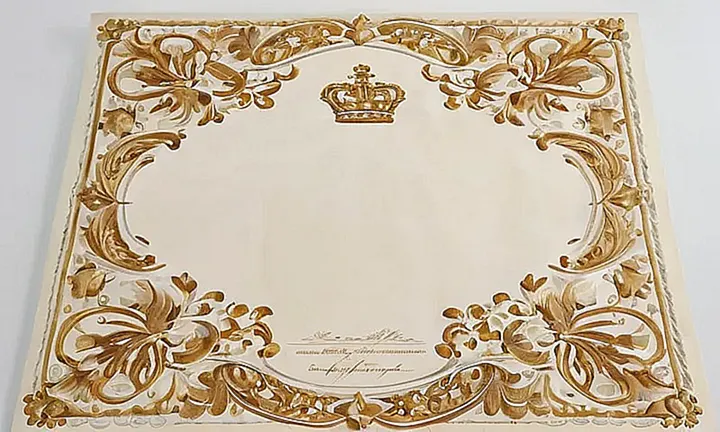 Un certificado en papel de granito con adornos dorados y un sello de cera alado rodea una foto en blanco y negro del rey Felipe VI junto a su esposa, la Reina Letizia