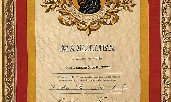 La fotografía muestra un certificado descolorido enmarcado por un borde floral con detalles filigranados y el escudo de la Monarquía española