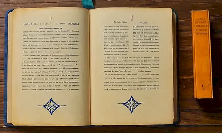 Un libro de tapa cremosa con título en azul y bordes dorados se encuentra sobre una mesa llena de libros desgastados
