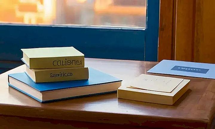 Un libro de tapa blanca y cubierta desgastada se inclina sobre una mesa desordenada bajo la suave luz del día