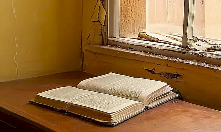 Un libro de cuero desgastado y amarillento reposa abierto en un escritorio empotrado