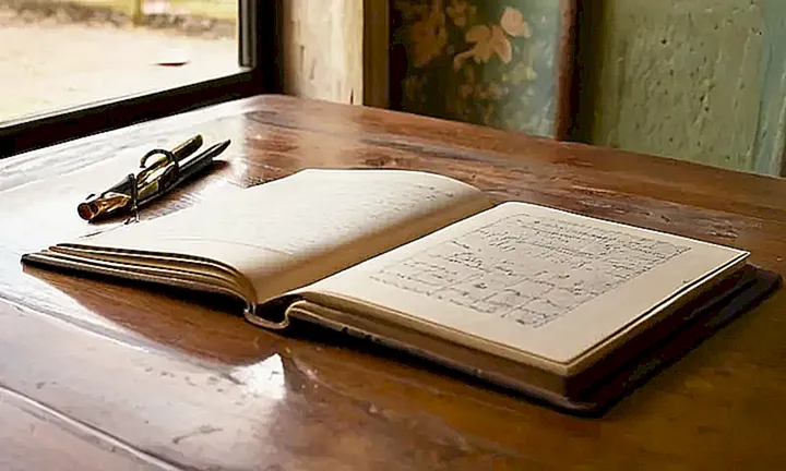La habitación presenta un ambiente desordenado e íntimo con herramientas de escritura, fotografías y otros objetos antiguos repartidos por todo el espacio