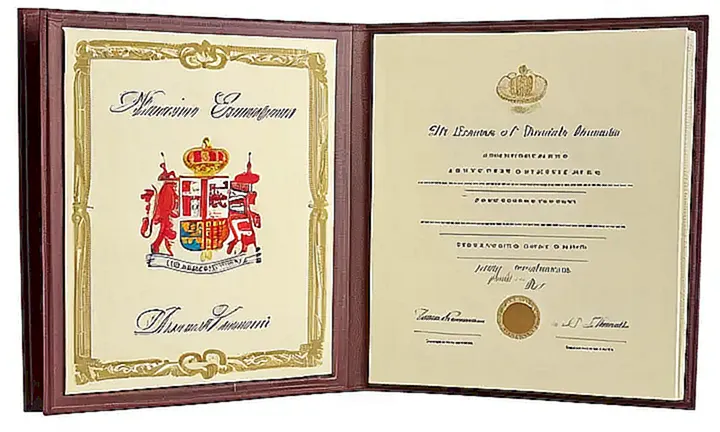 Un certificado oficial español impreso sobre papel grueso con detalles intrincados y firmas manuscritas