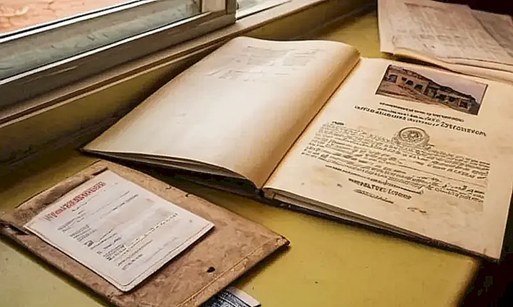 En una oficina desvencijada se encuentran los papeles necesarios para la solicitud, rodeados de archivos polvorientos y sombras débiles
