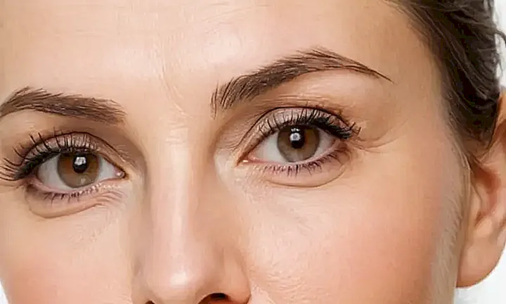 La mujer tiene una mirada seria y agotada con líneas finas en la frente y ojos castaños ligeramente desvaídos