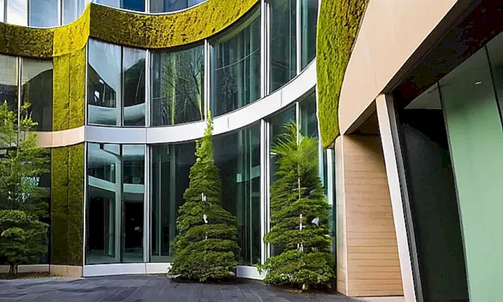 Un edificio gubernamental presenta una entrada metálica elegante y un exterior con curvas sutiles rodeado de árboles y sombreado por la luz del atardecer