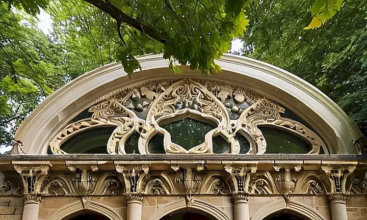El edificio del gobierno tiene una fachada impresionante adornada de estuco y tallados en piedra con claros arcos que contrastan con la vida silvestre alrededor