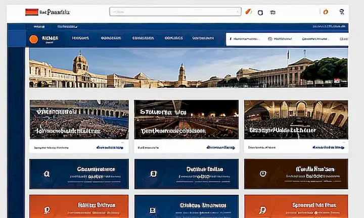 La página inicial del sitio web gubernamental se caracteriza por un diseño minimalista y moderno con colores blancos, azules profundos y naranjas brillantes