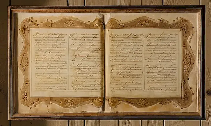 La imagen muestra un antiguo documento amarillento colgado en una pared de madera gastada con un paisaje distante de Andalucía