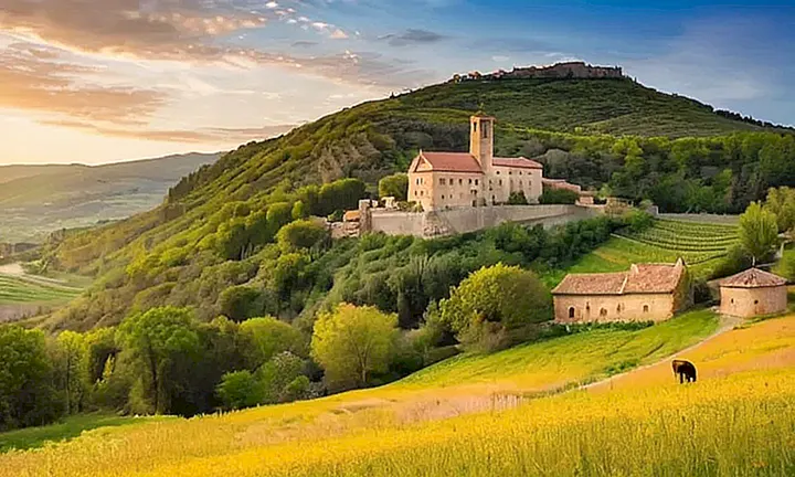 La escena descrita muestra una pintoresca paisaje catalán con montañas, valles y pueblos tradicionales rodeados de vegetación y agua