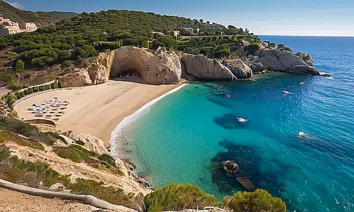 La geografía de Cataluña es caracterizada por una costa suavemente curvada con montañas rugosas en el horizonte