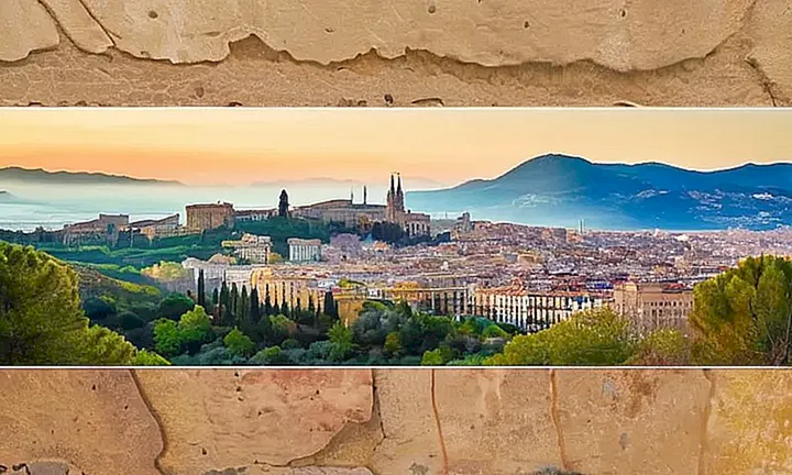 La imagen representa un mapa detallado de Cataluña con paisajes naturales y construcciones urbanas notables
