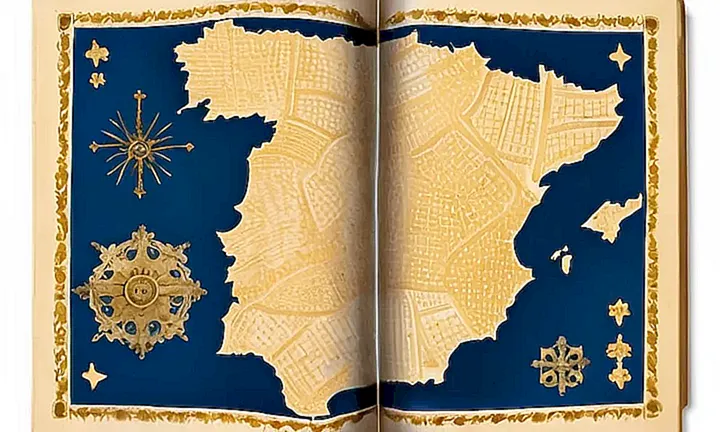 Un libro antiguo con una cubierta desgastada y bordes dorados se encuentra sobre un fondo de papel de pared con unos azulejos tradicionales