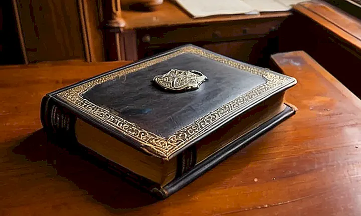 Un viejo libro de cuero marrón descansa sobre una mesa antigua