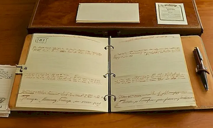 Un escritorio sobrado, con documentos y fotografías en desorden y sombras de luces fluorescentes