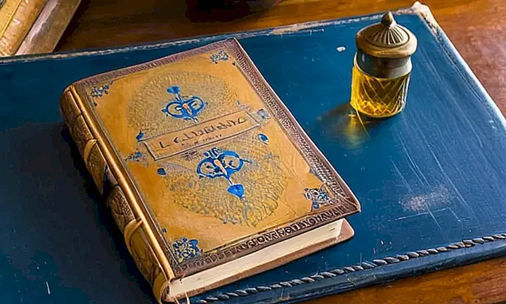 Un libro antiguo y desgastado está abierto sobre una mesa de madera con páginas amarillentas y tintas azules en una tipografía intrincada