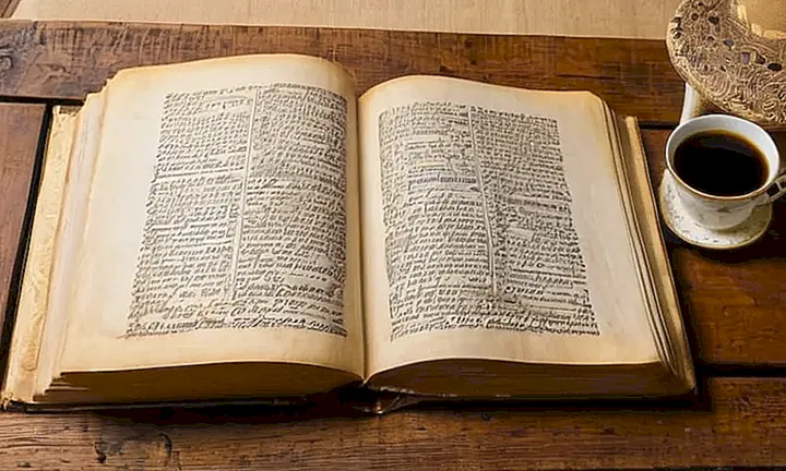 Un libro antiguo, con páginas amarilleadas y texto desvanecido en una letra elegante, descansa abierto sobre una mesa de madera