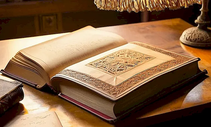 Un viejo libro con notas genealógicas manuscritas descansa en una mesa de madera labrada
