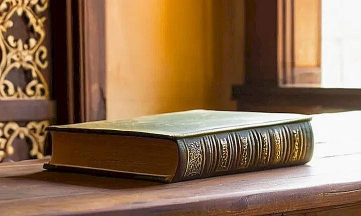 Una vieja edición de libro con cuero está abierta sobre una mesa rocosa, iluminada suavemente por la luz solar que entra a través de una ventana sucia