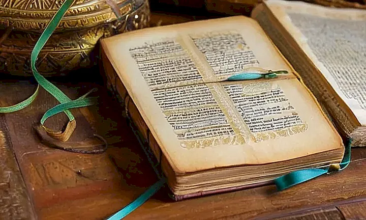 Un viejo libro de cuero desgastado está abierto sobre una mesa, con páginas amarillentas que revelan ilustraciones detalladas y manuscritadas