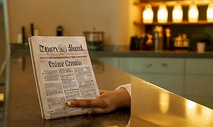 Cuatro adultos en una cocina discuten sobre un artículo en su periódico y un mensaje de texto en un smartphone