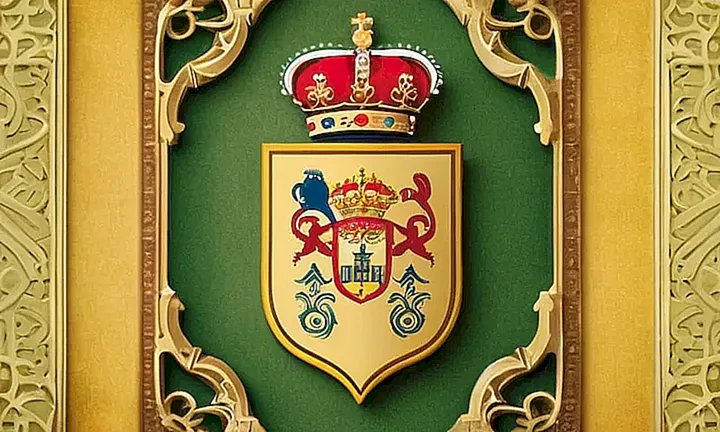 La ilustración presenta un escudo real hispano antiguo con detalles en oro y patrones sobre fondo amarillo-verdoso desgastado