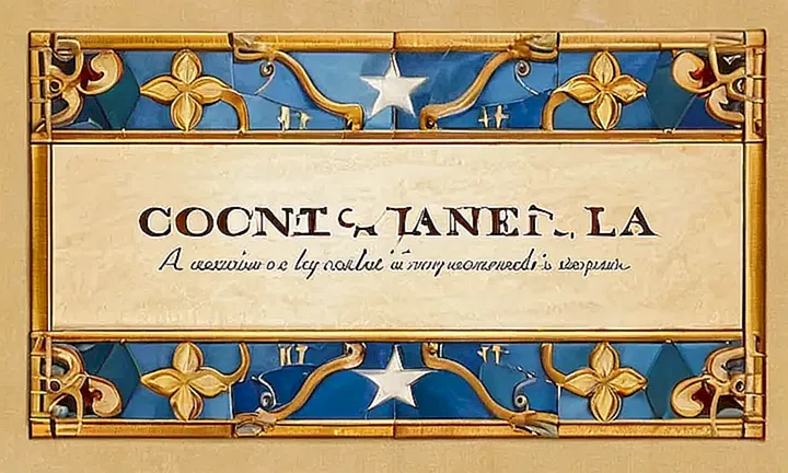 El diseño presenta un fondo beige con un banner azul que incluye las banderas españolas, junto con estrellas blancas y detalles dorados en un fondo gradiente