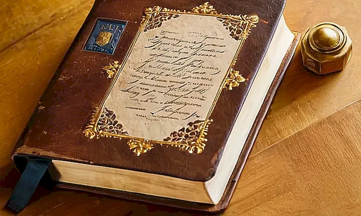 Un libro de cuero desgastado y oscuro reposa abierto sobre una mesa de madera