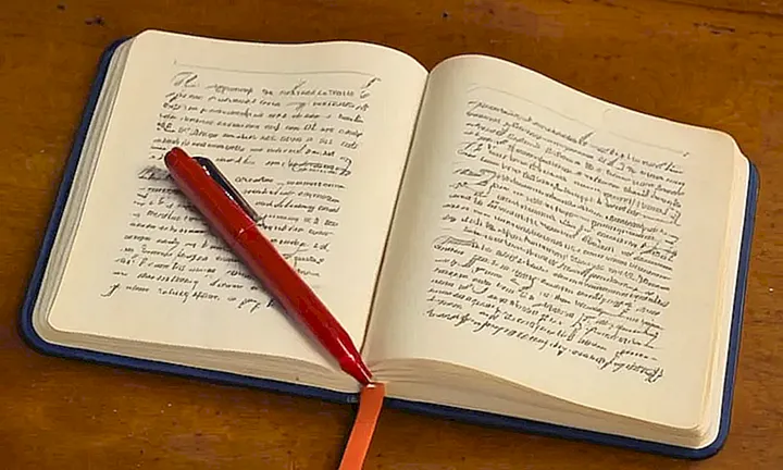 En una mesa desordenada hay un libro antiguo con notas a mano escritas en papel y tres lápices al lado de una pantalla laptop que parpadea