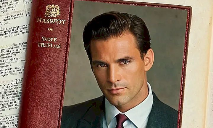 La foto muestra un pasaporte español con cubierta de cuero desgastada y una fotografía oficial de un hombre bien vestido en su madurez