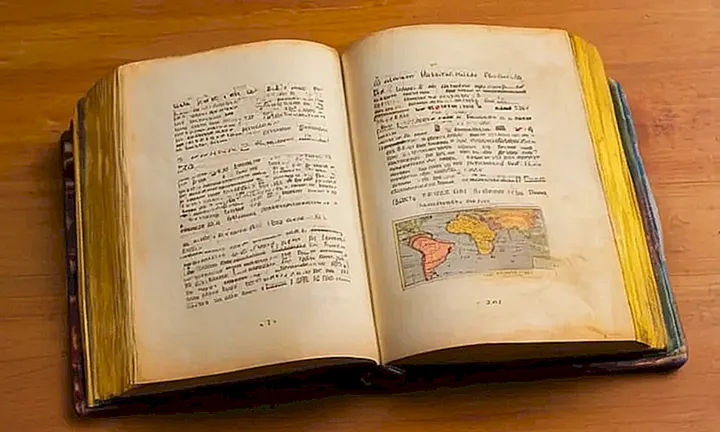 Un libro de bolsillo desgastado y antiguo muestra una página abierta con texto español denso en un lado y ilustraciones simples en el otro