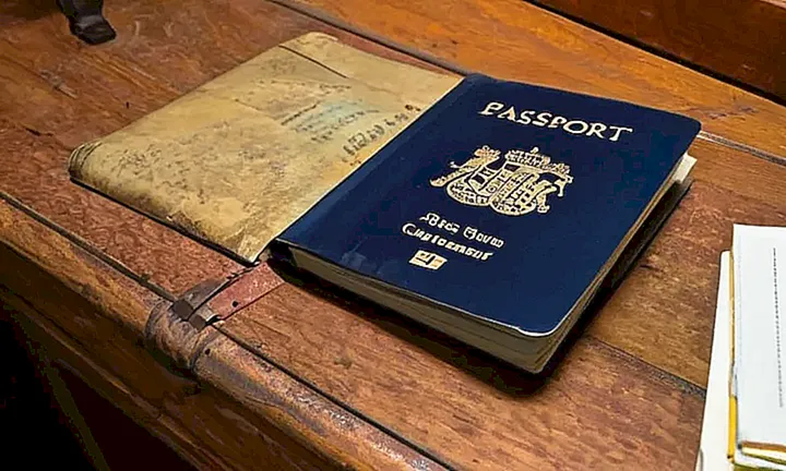 En una mesa desordenada se encuentra un pasaporte español desgastado con una ciudad española en medio