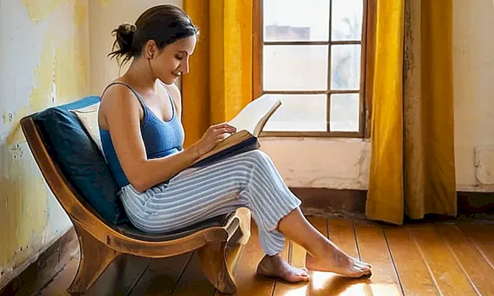 Una joven brasileña relajada reposa en un sillón descapotado bajo la luz solar, rodeada de libros y artesanías
