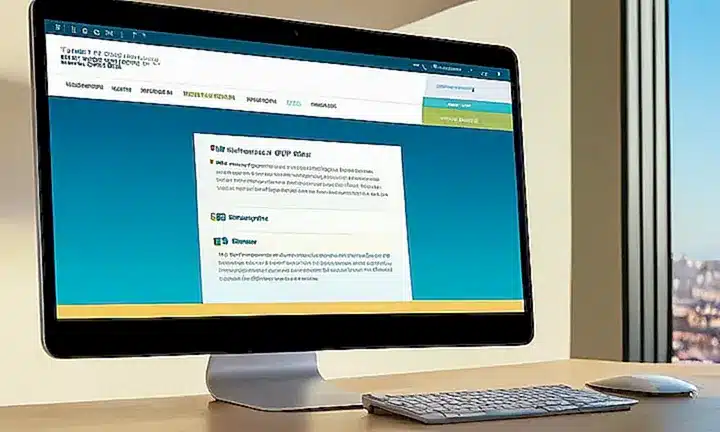 La pantalla del portátil muestra el sitio web del gobierno español con un fondo suave y color pastel en la consola de escritorio