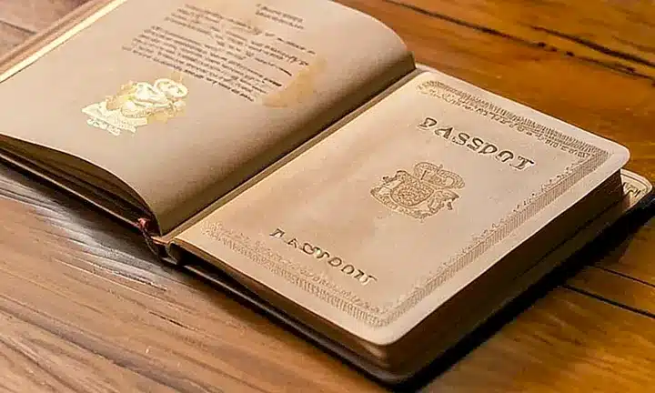 Un pasaporte estropeado y amarillento se encuentra abierto sobre una mesa, iluminado suavemente por la luz matinal