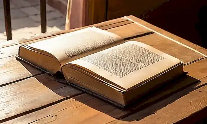 Un libro antiguo descansa sobre una mesa de madera en un ambiente iluminado por el sol