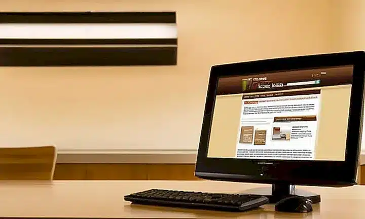 Una mesa con un fondo de colores blandos muestra una pantalla de computadora con texto en fuente pixelada y sombras suaves