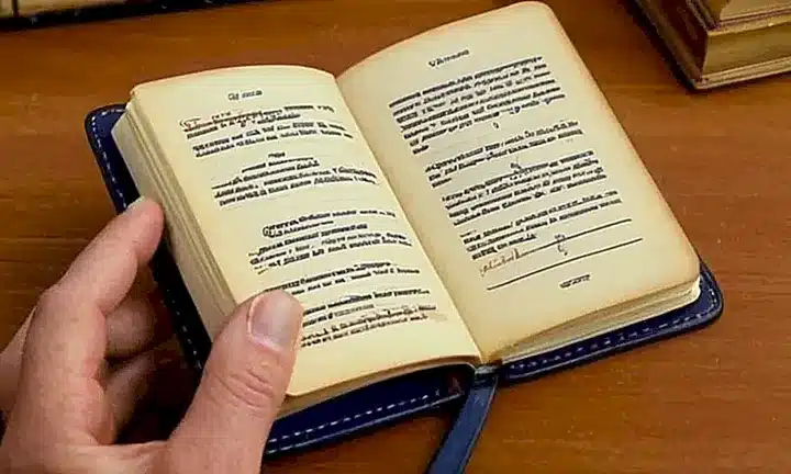 Una joven adulta estudia libros antiguos con annotaciones y manchas de tinta en una mesa iluminada por el sol que mana a través de las persianas