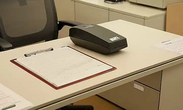 Una oficina está iluminada por una luz fluorescente que muestra detalles precisos de los objetos: un documento arrugado sobre un clip, útiles oficina en la mesa y el sofá viejo en el fondo
