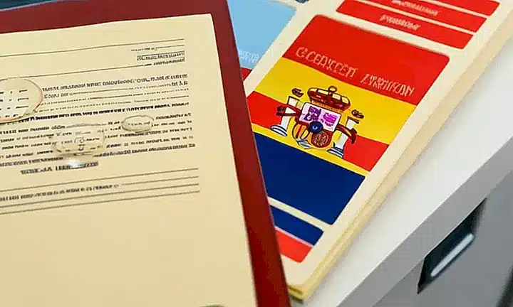 La imagen muestra un escritorio con documentos y equipos relacionados con el proceso de solicitud de la ciudadanía española