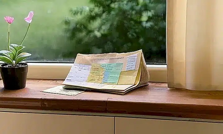 En una habitación antigua con luz débil, un pasaporte desgastado se abre sobre un escritorio para revelar fotografías a blanco y negro de una pareja sonriente junto a banderas española e italiana