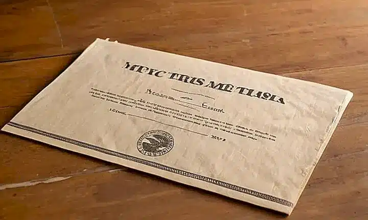 En una mesa de madera desgastada reposa un documento oficial amarillento con detalles que atestiguan su antigüedad