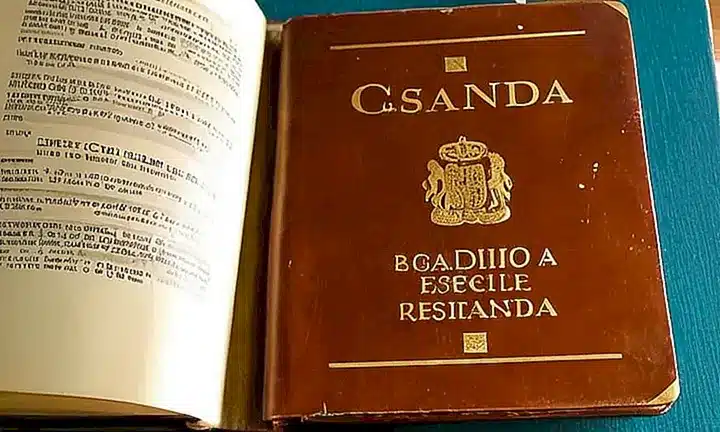 Un guía lujoso desgastado, titulado Requisitos para solicitar la ciudadanía española, yació abierto en una mesita de oficina