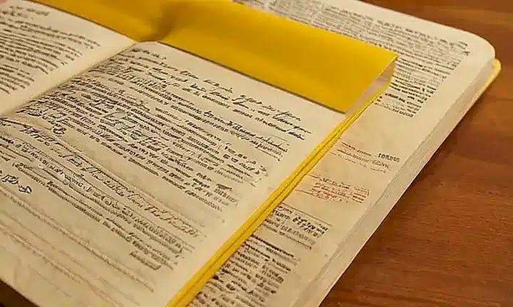 Un libro de tapa dura y un documento oficial están colocados sobre una mesa iluminada suavemente por luces fluorescentes