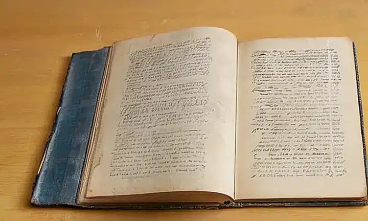 Un libro de bolsillo con cubierta azul gastada y páginas amarillentas está abierto en una mesa, iluminado por la luz que entra a través de la ventana