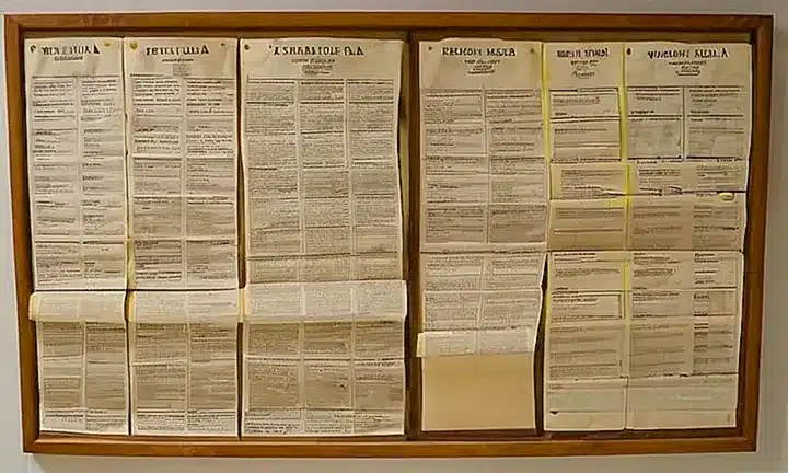 La imagen muestra un tablero de anuncios repleto de documentos oficiales con letras y diagramas en letra grande