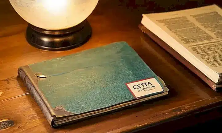 En una habitación desordenada, un libro antiguo yacía abierto sobre una mesa de madera sucia, con documentos y una fotografía alrededor