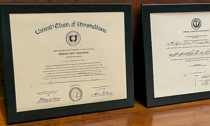 Un espacio burocrático ordenado y limpio con papeles alineados y certificados enmarcados en la pared refleja un entorno de trabajo metódico y organizado