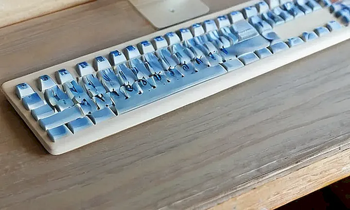 Una persona está sentada frente a una computadora en un escritorio desgastado, rodeada de objetos deteriorados y sombreados por la luz solar
